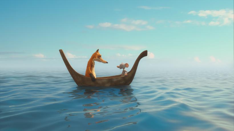 Een muis en een vos zitten op een bootje in het water.