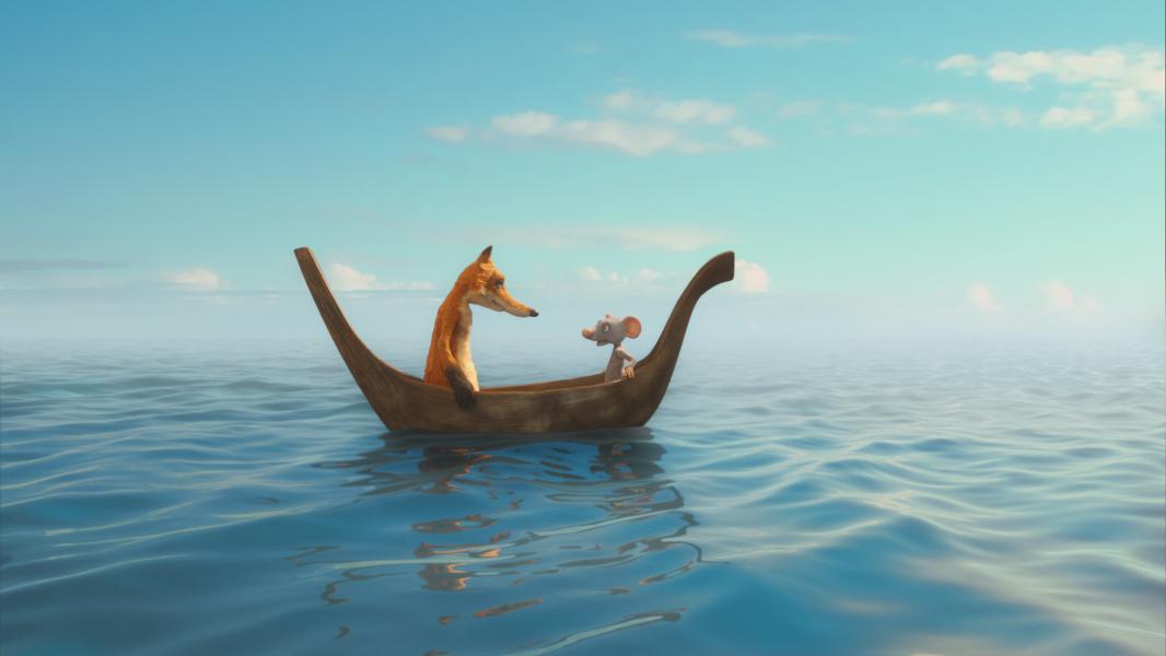 Een muis en een vos zitten op een bootje in het water.