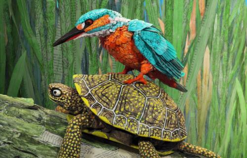 Een vogel zit op een schildpad