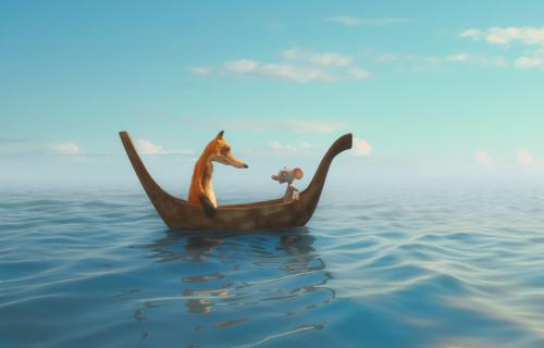 Een muis en een vos zitten op een bootje in het water.